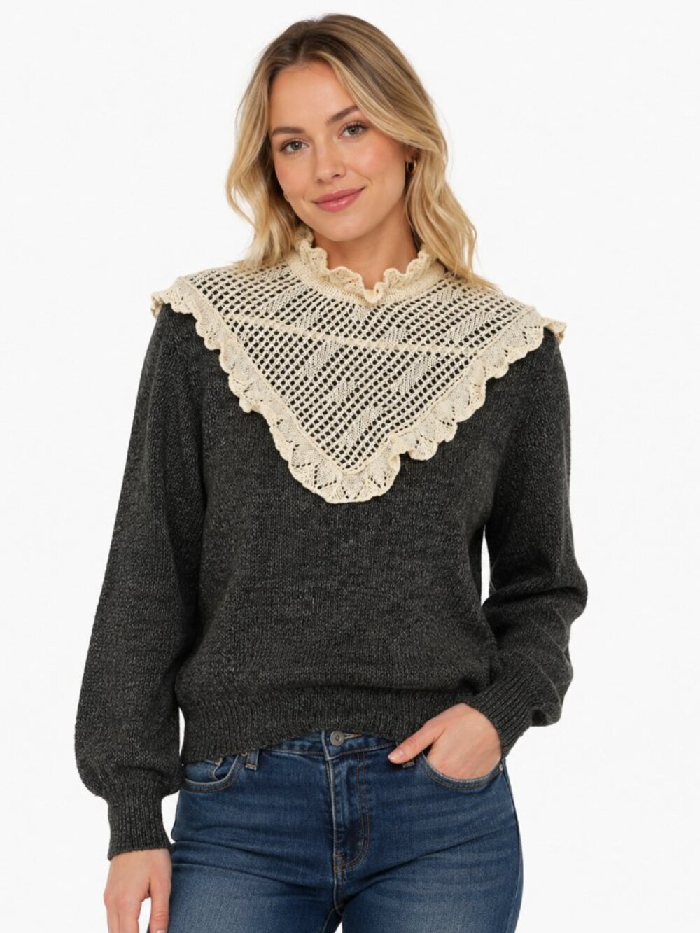 Vintage Edwardian Style Lace Bib Knit Sweater